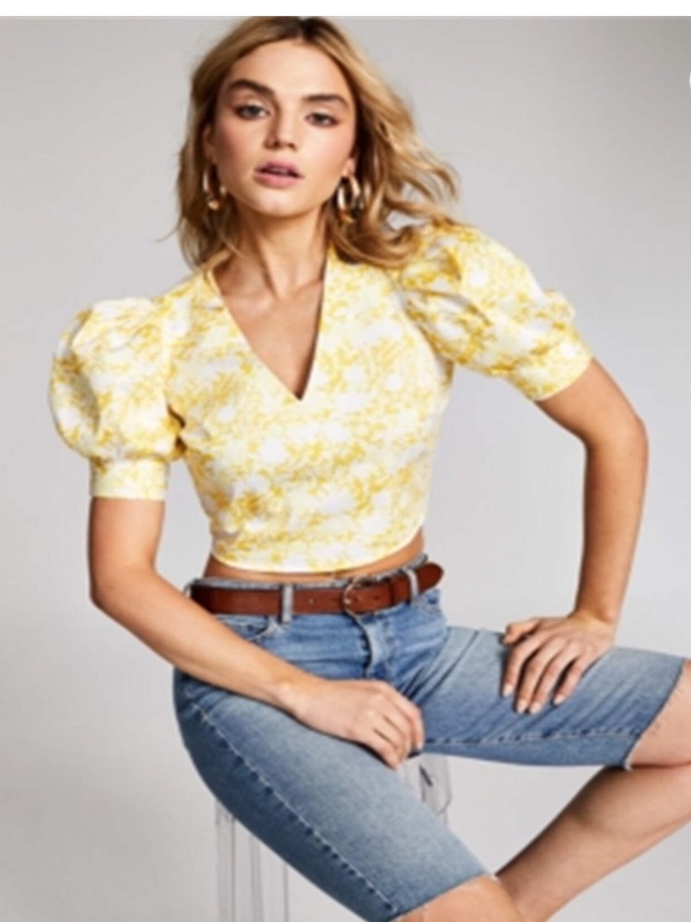 I.N.C International Concepts Womens Yellow Floral V-Neck Crop Smocked Blouse Top